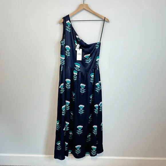Ann Taylor Silk Navy Floral One Shoulder Dress - Picture 5 of 8